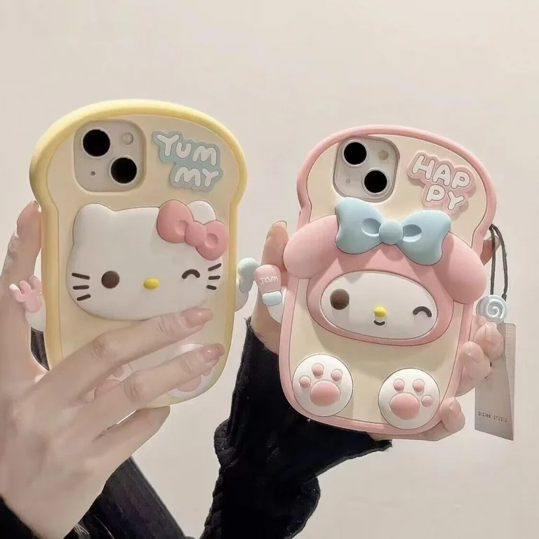 Cute cartoon iPhone cases featuring Hello Kitty and My Melody 3D soft silicone design.